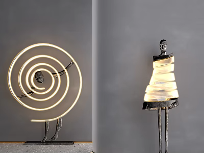 Abstract Floor Lamp With Humanoid Silhouette And Spiral Light Ring For Modern Decor 3d model