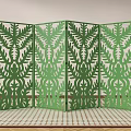 Green Room Divider With Multiple Panels And Intricate Leaf Cutout Patterns 3d model