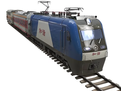 Blue And White Electric Train With Multiple Carriages On Railway Tracks 3d model