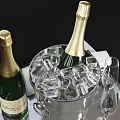 Elegant Champagne Bottles and Ice Bucket with Ice Cubes and Wine Glasses on Tray