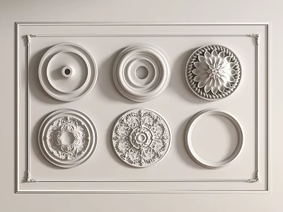 Decorative Circular Plaster Carvings on White Panel with Intricate Patterns 3d model