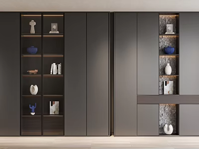 Modern Dark Bookcase Interior Design With Open Closed Compartments Decorative Items And Books 3d model