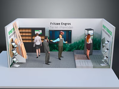 Modern Furniture Showroom With Wooden Panels Natural Elements And People Interacting 3d model