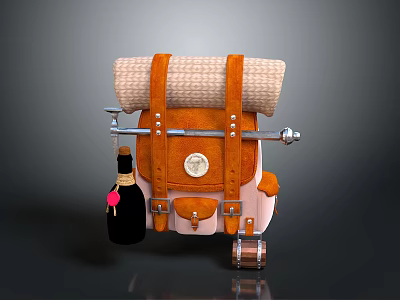 Orange Beige Travel Backpack Featuring Rolled Blanket Leather Straps And Metal Hooks 3d model