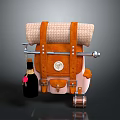 Orange Beige Travel Backpack Featuring Rolled Blanket Leather Straps And Metal Hooks