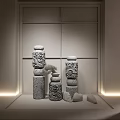 Decorative Ornament Set Featuring Carved Stone Pillars Potted Tree Stones Against Marble Window Natural Landscape