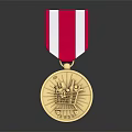 Shiny Gold Medal With Red And White Striped Ribbon And Detailed Front Design