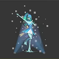 Blue Haired Game Movie Character In Short Dress Standing On Geometric Platform With Sparkles