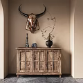 Rustic Entryway Sideboard Cabinet With Decorative Vase And Wall Hanging Decor 3d model