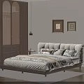 Modern Bedroom Interior With Upholstered Headboard Wooden Wardrobe Woven Doors And Framed Paintings