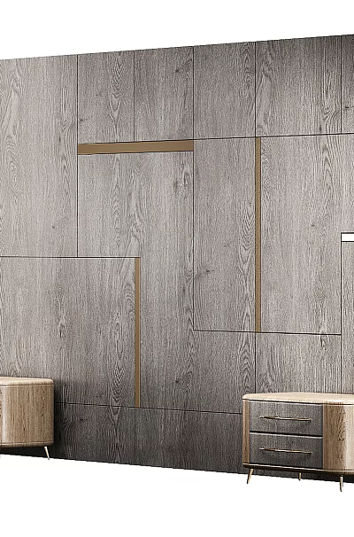 Bedroom Background Featuring Double Bed With Wooden Panel Wall And Nightstands 3d model