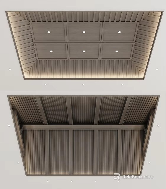 Modern Wooden Ceiling Design With Grid Pattern Vertical Slats And Recessed Lights 3d model 