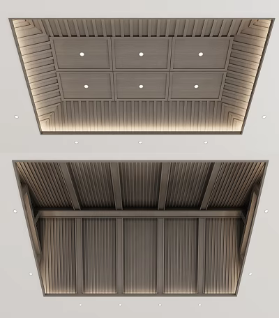 Modern Wooden Ceiling Design With Grid Pattern Vertical Slats And Recessed Lights 3d model