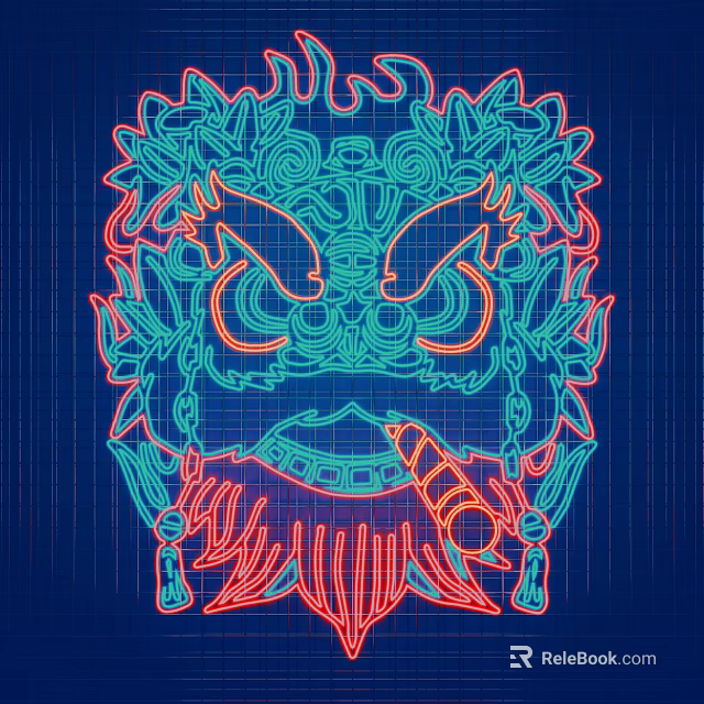 Traditional Lion Head Shaped Decorative Light With Colorful Red And Cyan Intricate Lines 3d model 