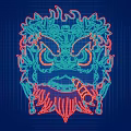 Traditional Lion Head Shaped Decorative Light With Colorful Red And Cyan Intricate Lines