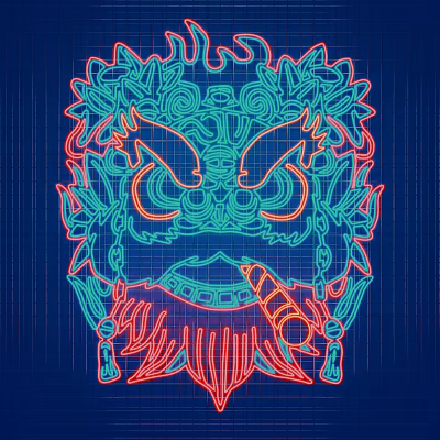 Traditional Lion Head Shaped Decorative Light With Colorful Red And Cyan Intricate Lines 3d model