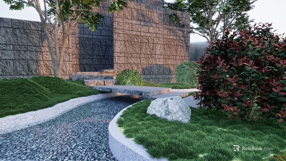 Garden Stepping Stones Path With Stone Wall Green Grass Trees And Stream 3d model 