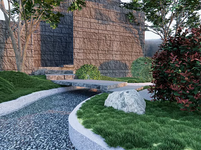 Garden Stepping Stones Path With Stone Wall Green Grass Trees And Stream 3d model