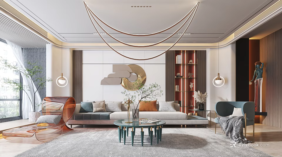 Elegant Modern Living Room Interior Design With Sofa Coffee Table And Circular Wall Decor 3d model