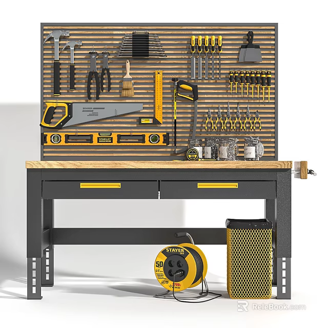 Durable Functional Workbench with Tool Pegboard Organized Tools Storage Drawers and Wooden Worktop 3d model 