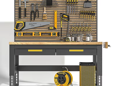 Durable Functional Workbench with Tool Pegboard Organized Tools Storage Drawers and Wooden Worktop 3d model