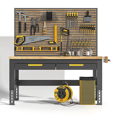 Durable Functional Workbench with Tool Pegboard Organized Tools Storage Drawers and Wooden Worktop 3d model