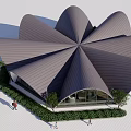 Modern Building Exterior With Curved Roof Glass Facade Greenery And People Walking