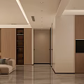 Dining and Living Room Interior With Wooden Wall Open Shelves Green Plant And Marble Floor