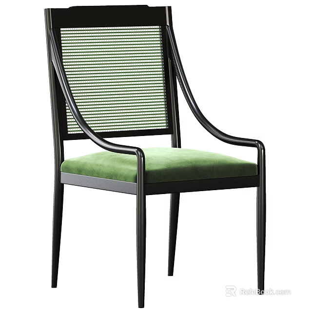 Modern Dining Chair with Black Frame Striped Woven Backrest and Green Padded Seat 3d model 