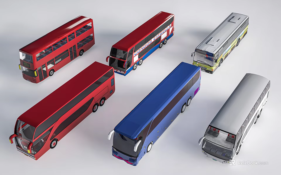 Various Colored Buses Including Double Decker And Coach Models On White Background 3d model 