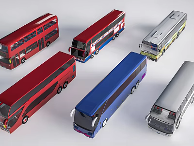 Various Colored Buses Including Double Decker And Coach Models On White Background 3d model