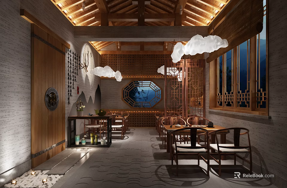 Traditional Chinese Tea House Interior With Wooden Structure And Hanging Lantern Decorations 3d model 