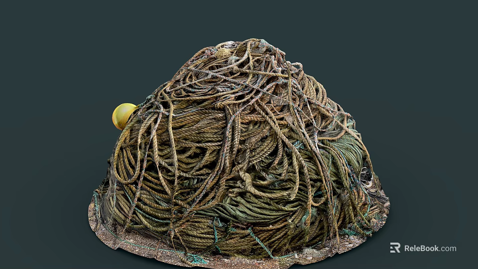 Tangled Fishing Net Pile With Yellow Buoy And Marine Ropes 3d model 