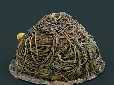 Tangled Fishing Net Pile With Yellow Buoy And Marine Ropes 3d model