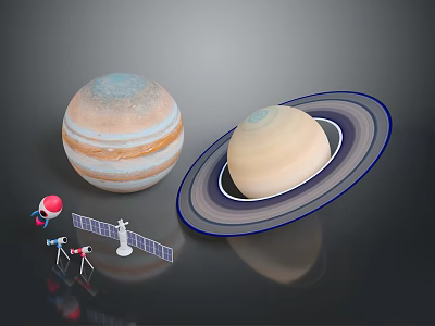 Jupiter and Saturn Planets with Spacecraft Model and Satellite Antenna 3d model