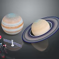 Jupiter and Saturn Planets with Spacecraft Model and Satellite Antenna