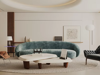 Modern Living Room With Curved Sofa Round Coffee Table And Decorative Art 3d model