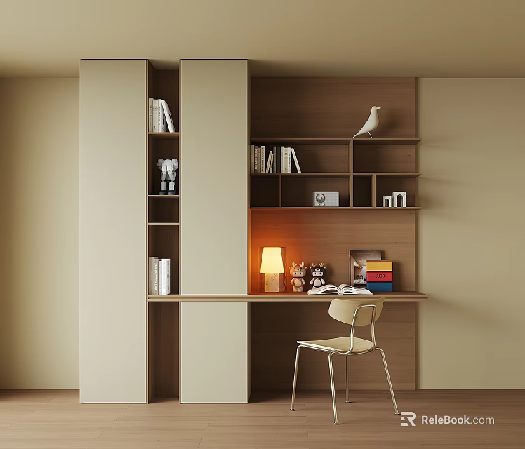 Stylish Modern Desk with Wooden Bookshelf Books Table Lamp and Chair 3d model 