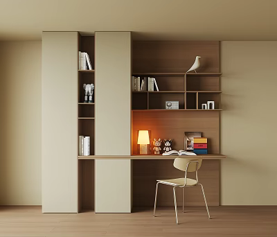 Stylish Modern Desk with Wooden Bookshelf Books Table Lamp and Chair 3d model