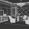 Modern Office Interior With Black Walls Wooden Ceiling Chandelier Pink Armchairs Desk Bookshelves And Rug