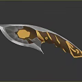 Curved Metallic Blade Knife With Orange And Brown Patterned Handle Design