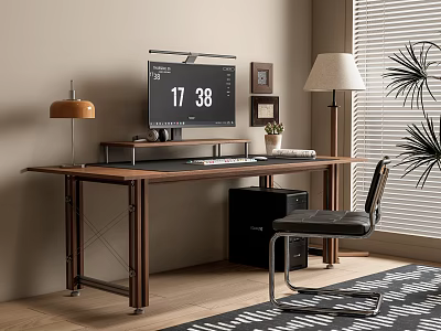 Modern Wooden Desk and Chair Set with Monitor Lamp Plant and Office Accessories 3d model