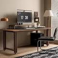 Modern Wooden Desk and Chair Set with Monitor Lamp Plant and Office Accessories