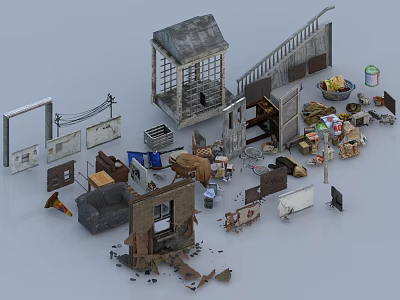 Damaged Building Components Including Doors Stairs Windows Wall Fragments And Furniture Debris 3d model