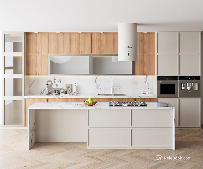 Modern Kitchen With Wooden Cabinets And Island Counter 3d model