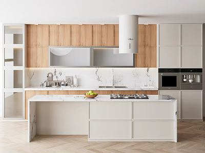 Modern Kitchen With Wooden Cabinets And Island Counter 3d model