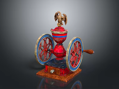 Vintage Electrical Appliance Featuring Red Body Golden Eagle And Blue Red Wheels On Wooden Base 3d model