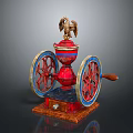 Vintage Electrical Appliance Featuring Red Body Golden Eagle And Blue Red Wheels On Wooden Base