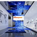 Modern Exhibition Hall with Digital Screens World Map Reflective Floor And White Walls