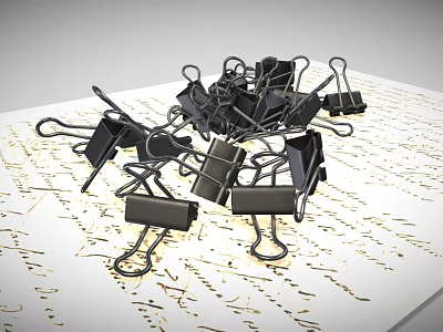 Pile of Black Binder Clips as Practical Daily Supplies on Paper with Text 3d model